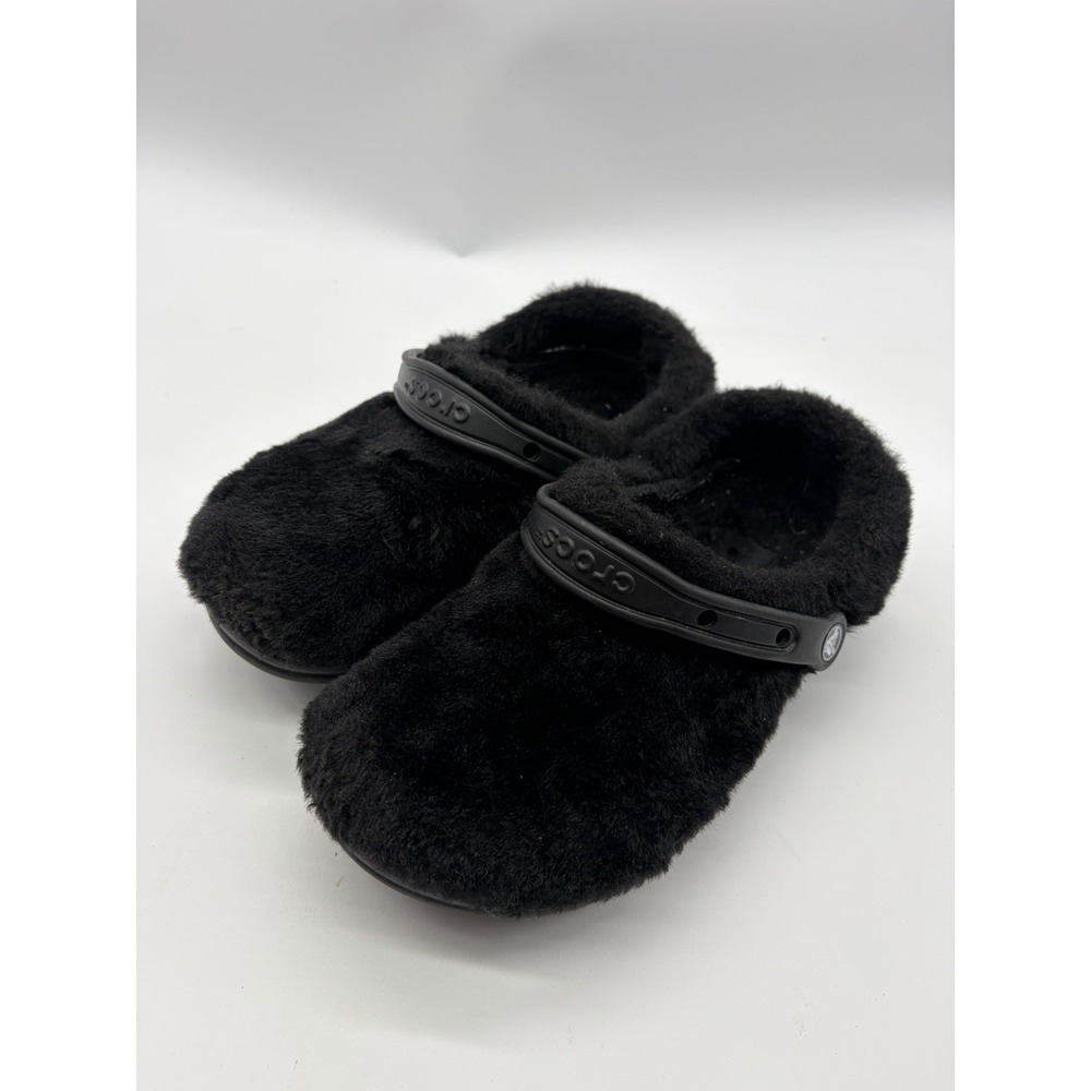 Crocs Classic Fur Sure Clogs Black Faux Fur Fleece Lined Women's Size 9